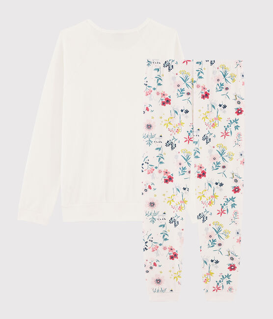 Pyjama fille / femme à fleurs bimatière blanc MARSHMALLOW/blanc MULTICO