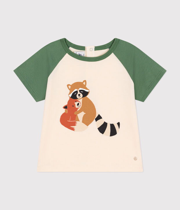 T-shirt van dunne jersey met korte mouwen voor baby's ecru/groen