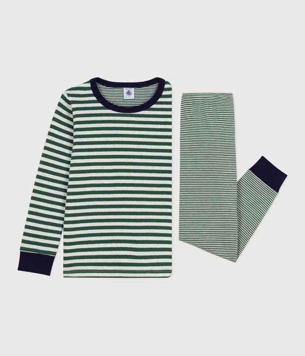 Gestreepte kinderpyjama in tubic groen/beige