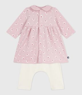 Babyjurkje met kraag en bloemetjes- en hartjesprint en legging van katoen roze JOLI/wit MULTICO