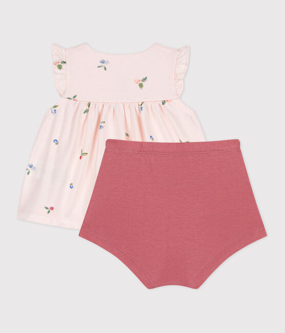 Tweedelig katoenen geboortesetje met bloesje met ruche roze FLEUR/wit MULTICO