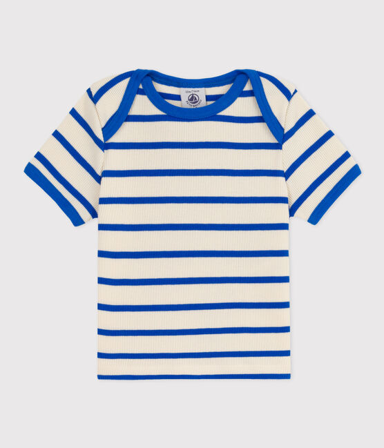 Tee-shirt manches courtes bébé en maille côtelée rayée bleu AVALANCHE/blanc PERSE