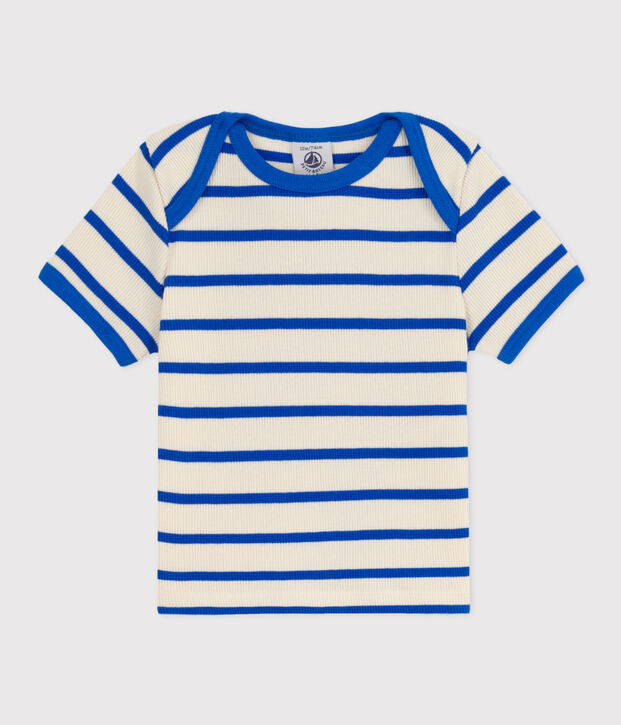 T-shirt met korte mouwen van gestreepte ribstof voor babymeisjes ecru/blauw