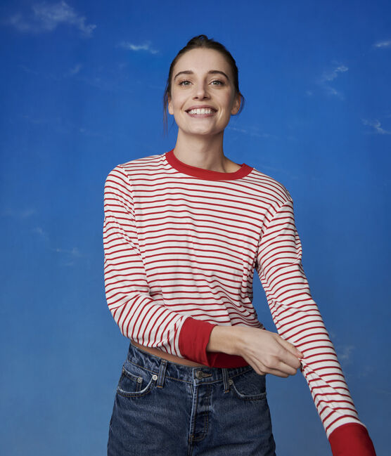 Marinière Dames t-shirt van katoen wit MARSHMALLOW/rood TERKUIT