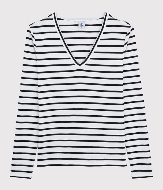 T-shirt col V iconique en coton rayé Femme blanc MARSHMALLOW/bleu SMOKING