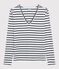 T-shirt col V iconique en coton rayé Femme blanc MARSHMALLOW/bleu SMOKING