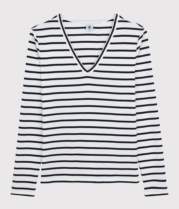 Iconisch gestreept Dames t-shirt van katoen met V-hals wit/blauw