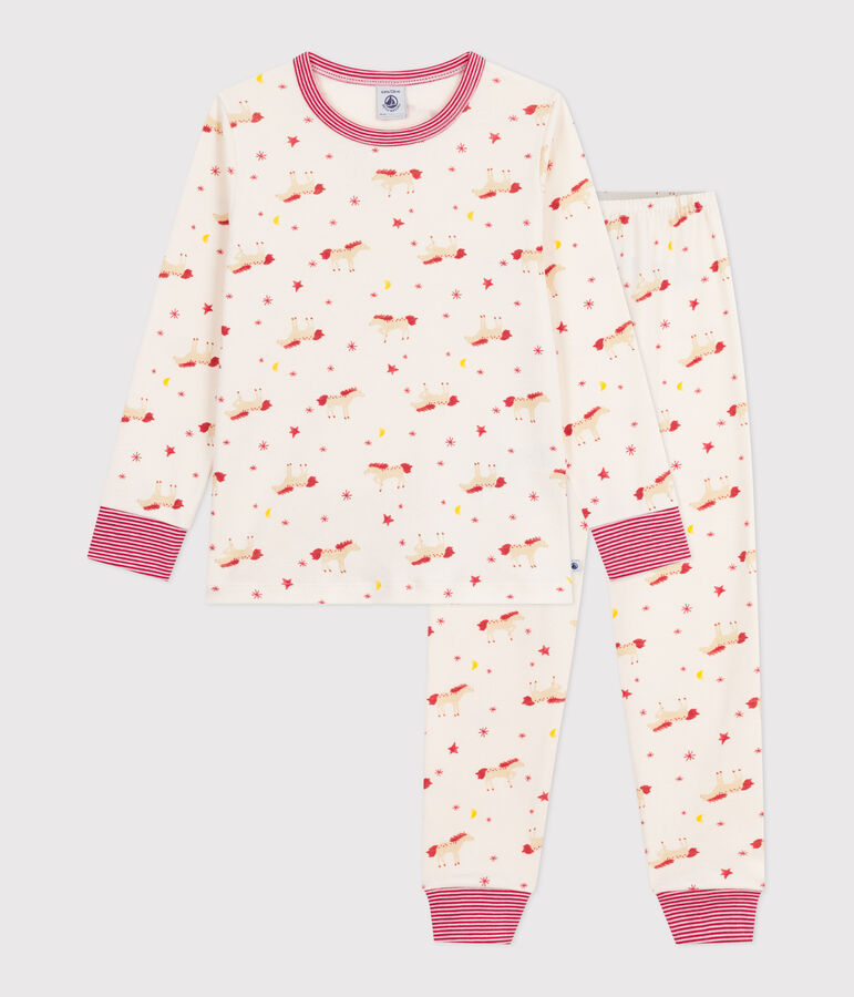 Katoenen kinderpyjama met paardjesprint ecru/multicouleur