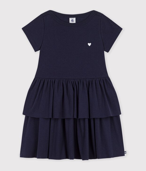 Robe enfant en coton manches courtes unie bleu marine
