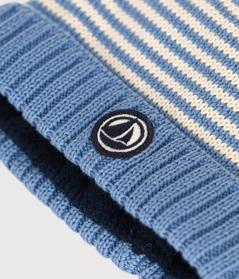 Gebreide babymuts met fleecevoering blauw/ecru