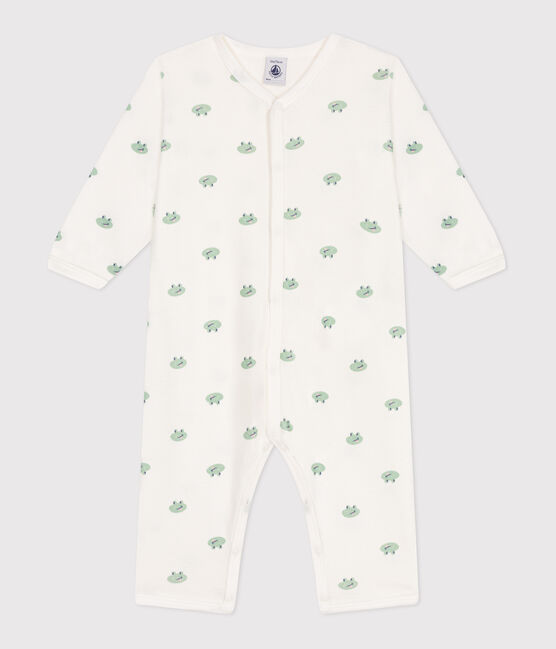 Katoenen babypyjama zonder voetjes met kikkerprint wit MARSHMALLOW/wit MULTICO
