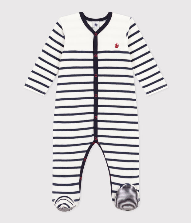 Gestreepte babypyjama van velours wit/blauw