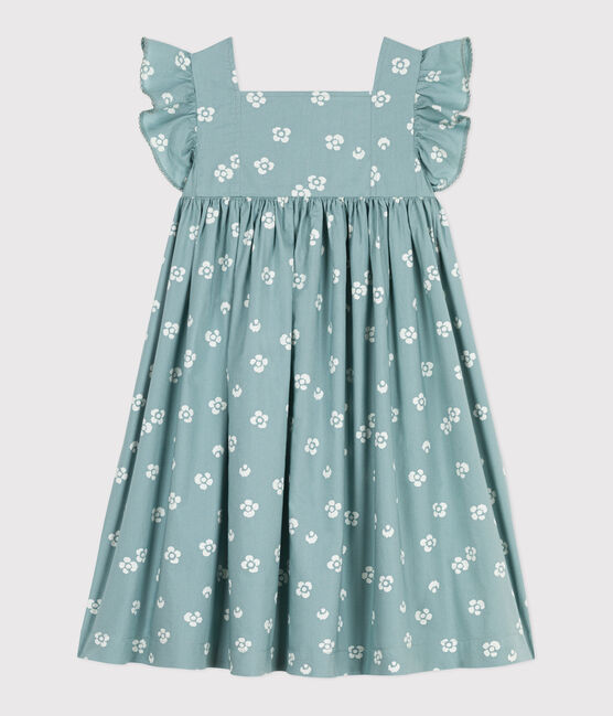 Robe longue sans manches enfant en coton fleurie bleu PAUL/blanc MARSHMALLOW