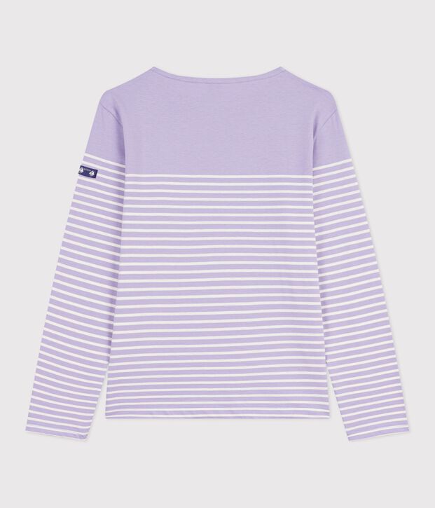 Tee-shirt marini&egrave;re femme en coton violet/&eacute;cru