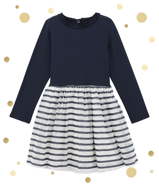 Meisjesjurk in 2 stoffen met glitters wit MARSHMALLOW/blauw SMOKING BRILLANT