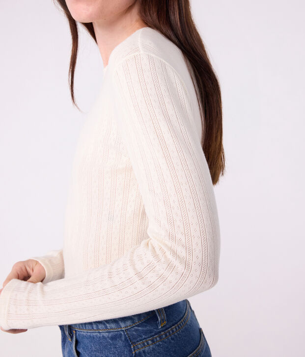T-shirt met lange mouwen in opengewerkt katoen voor dames - L'Iconique MILK