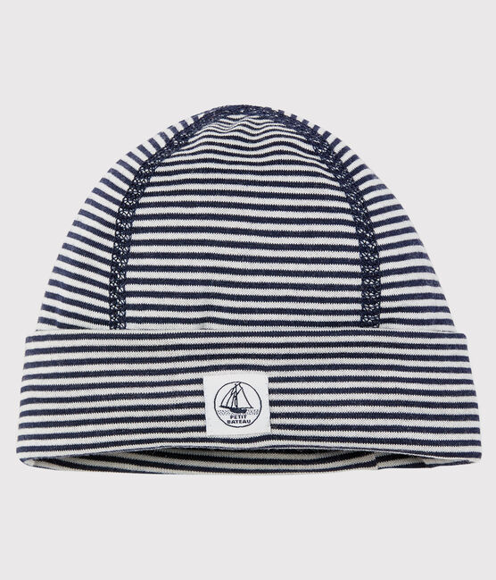 Stralingswerende pasgeborenemuts van tweezijdige jersey blauw SMOKING/wit ECUME