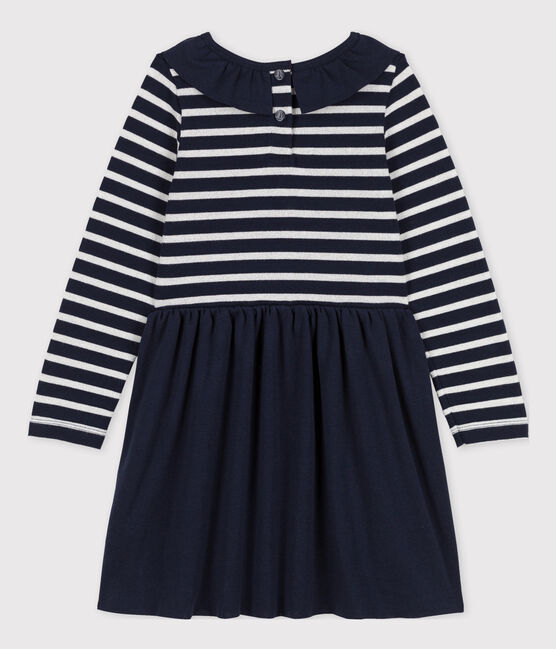 Meisjesjurk met lange mouwen in twee materialen blauw SMOKING/ ARGENT