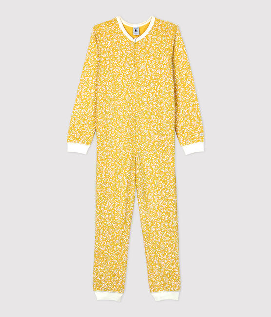 Combinaison fleurie petite fille en bouclette éponge grattée jaune OCRE/blanc MARSHMALLOW