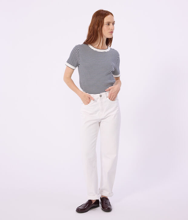 Tee-shirt femme en coton manches courtes &agrave; rayures bleu/blanc