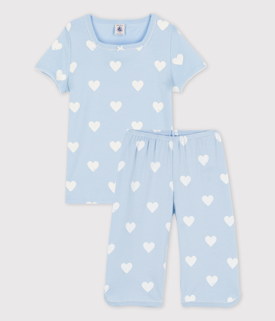 Pyjacourt bleu à cœur petite fille en coton biologique bleu JASMIN/blanc MARSHMALLOW