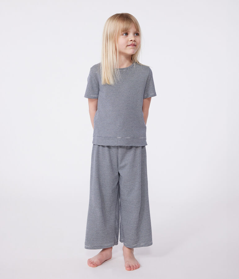 Katoenen gestreepte kinderpyjama met korte mouwen en wijde pijpen blauw/wit