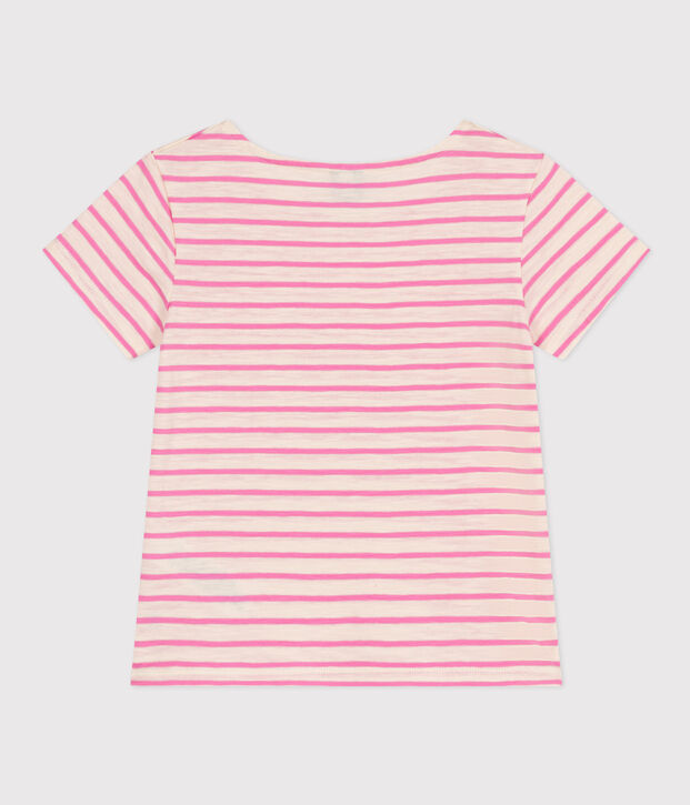 Tee-shirt ray&eacute; en jersey flamm&eacute; enfant fille &eacute;cru/rose
