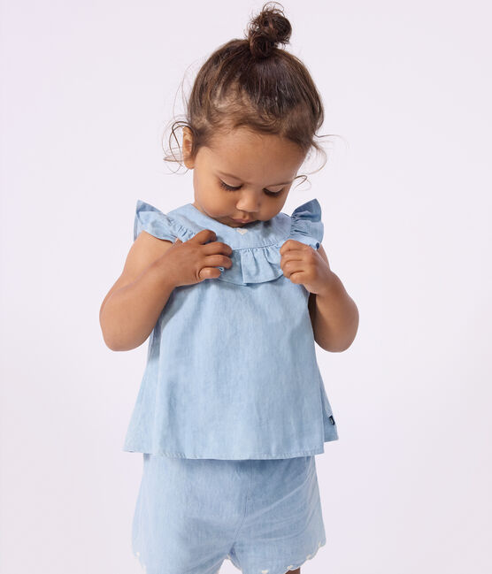 Blouse bébé en coton sans manches en chambray brodé bleu BLEU CLAIR
