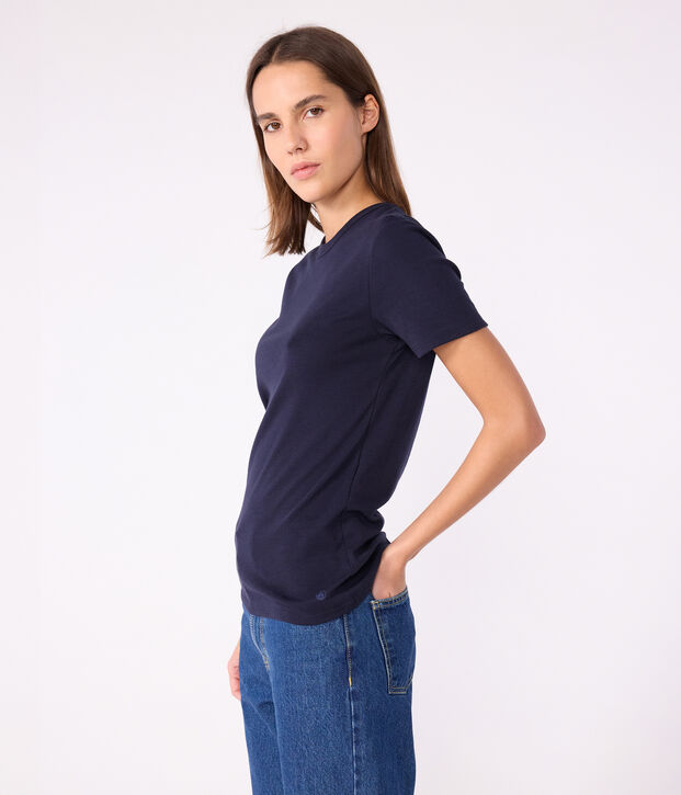 Tee-shirt l'Iconique manches courtes en c&ocirc;te unie femme bleu