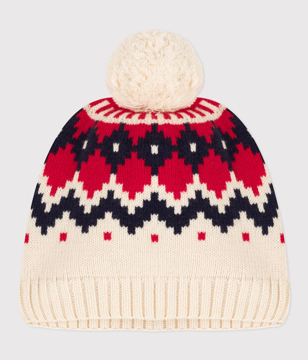 Wollen jacquard kindermuts, jongen-meisje ecru/multicouleur