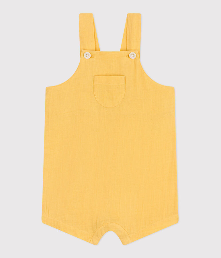 Salopette b&eacute;b&eacute; en gaze de coton jambes courtes, unie jaune