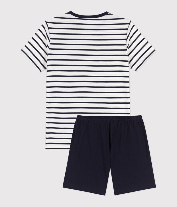 Geribde pyjama met marini&egrave;restrepen uniseks wit/blauw
