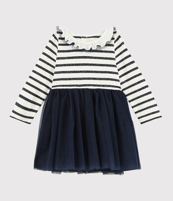 Jurk met lange mouwen babymeisje wit MARSHMALLOW/ SMOKING ARGENT BRILLANT