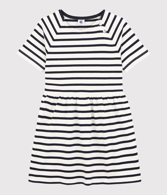 Meisjesjurk met korte mouwen in katoen wit MARSHMALLOW/blauw SMOKING