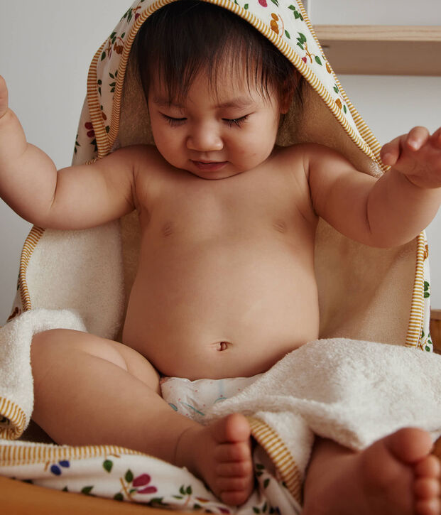 Badcape en washandje met vruchtenprint voor baby's wit/geel/multicouleur