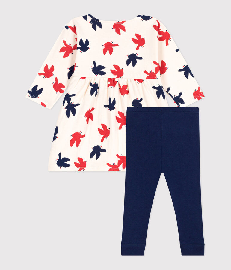 Robe b&eacute;b&eacute; en coton manches longues et legging, imprim&eacute;e oiseaux blanc AVALANCHE/ MULTICO