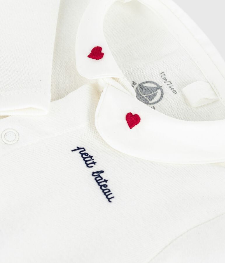 Babybody met geborduurd kraagje en opschrift op de borst wit/rood