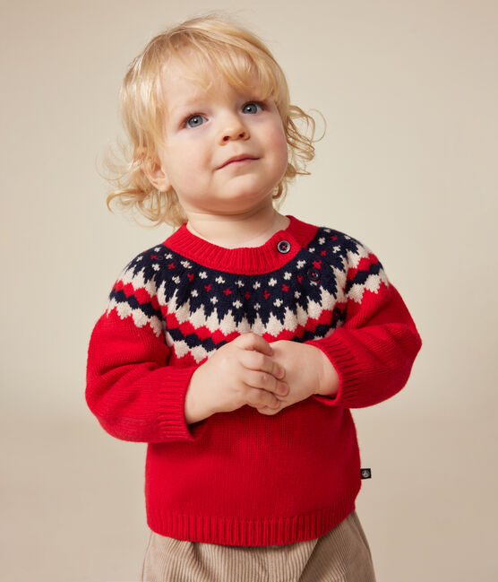 Gebreid babytruitje met wol rood STOP/ MULTICO