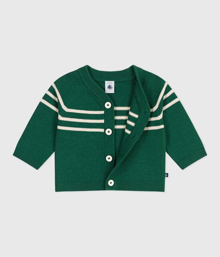 Cardigan b&eacute;b&eacute; en tricot laine et coton ray&eacute; vert/&eacute;cru
