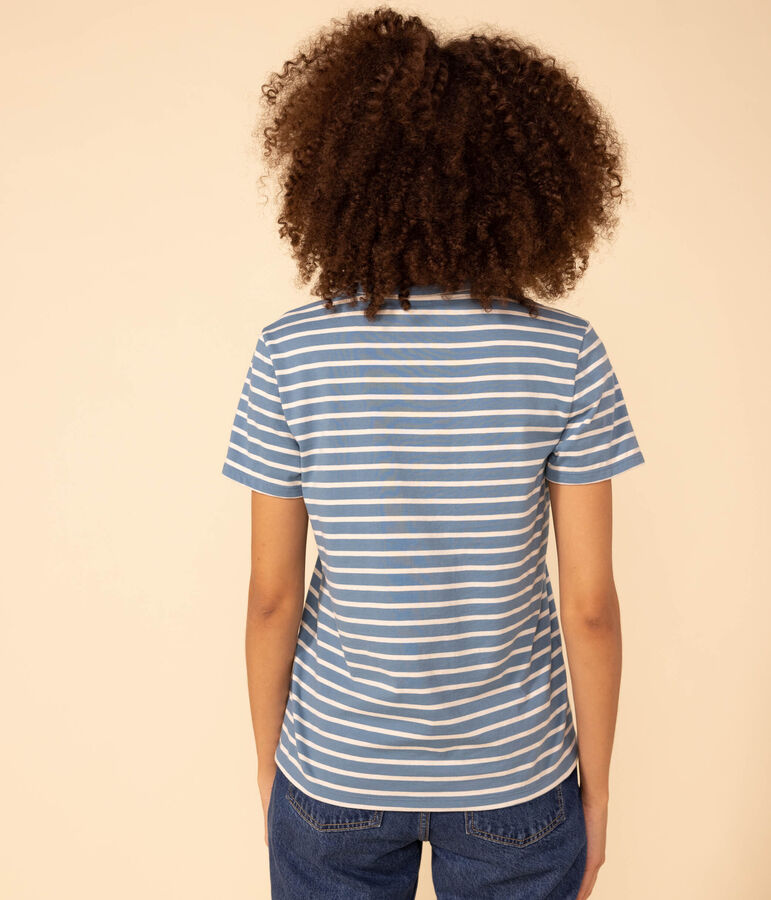 Tee-shirt LE DROIT col V en coton Femme bleu/&eacute;cru
