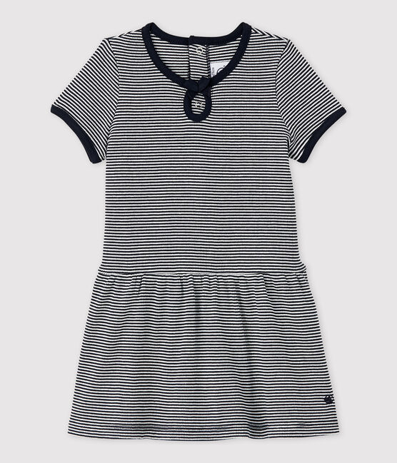 Robe manches courtes en côte 2x2 bébé fille. bleu SMOKING/blanc MARSHMALLOW