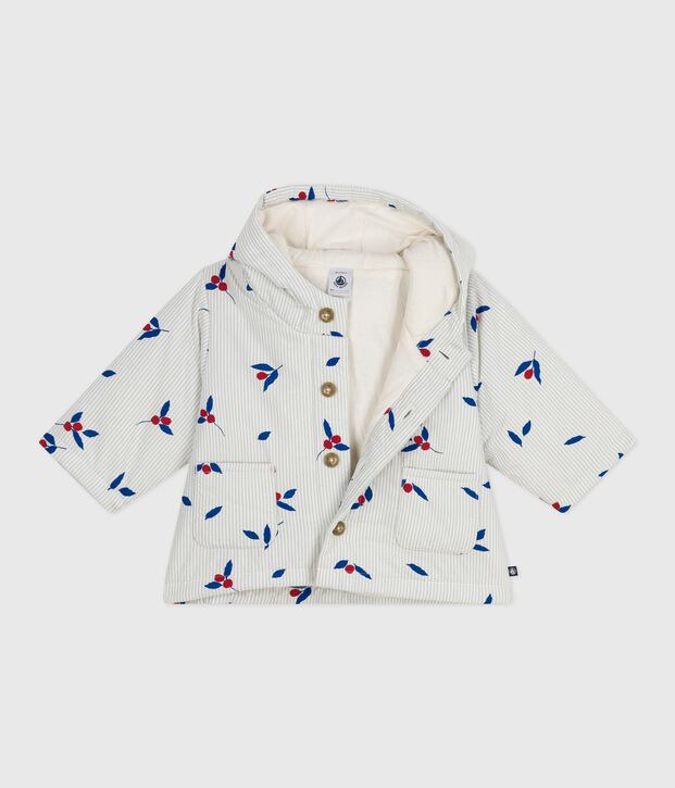 Babyjas met kap en wattering in poplin, afgewerkt met print blauw/multicouleur