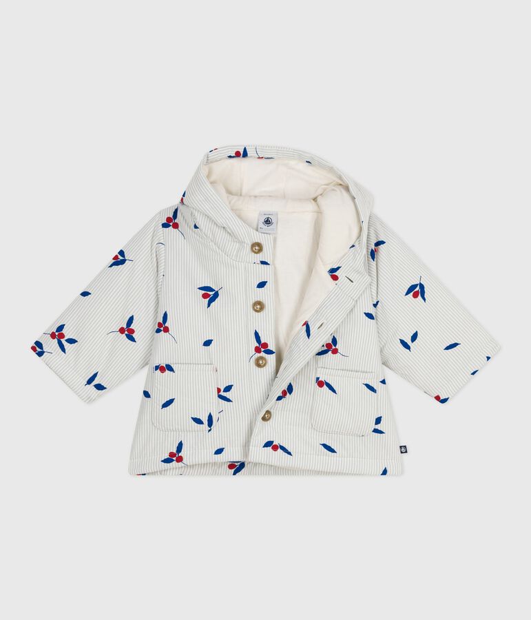 Babyjas met kap en wattering in poplin, afgewerkt met print blauw/multicouleur