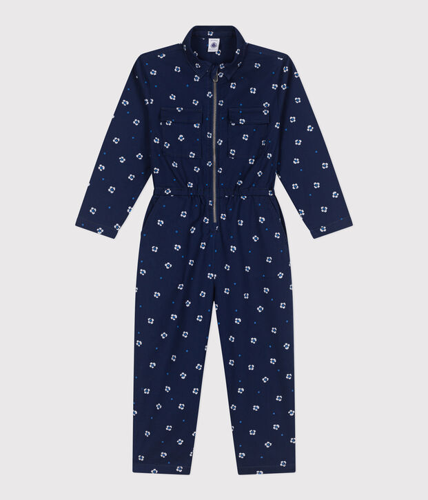 Katoenen kinderjumpsuit met lange mouwen en bloemenprint blauw/wit