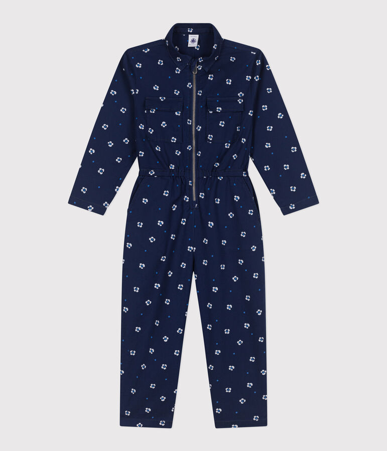 Combinaison enfant en coton manches longues fleurie bleu/blanc