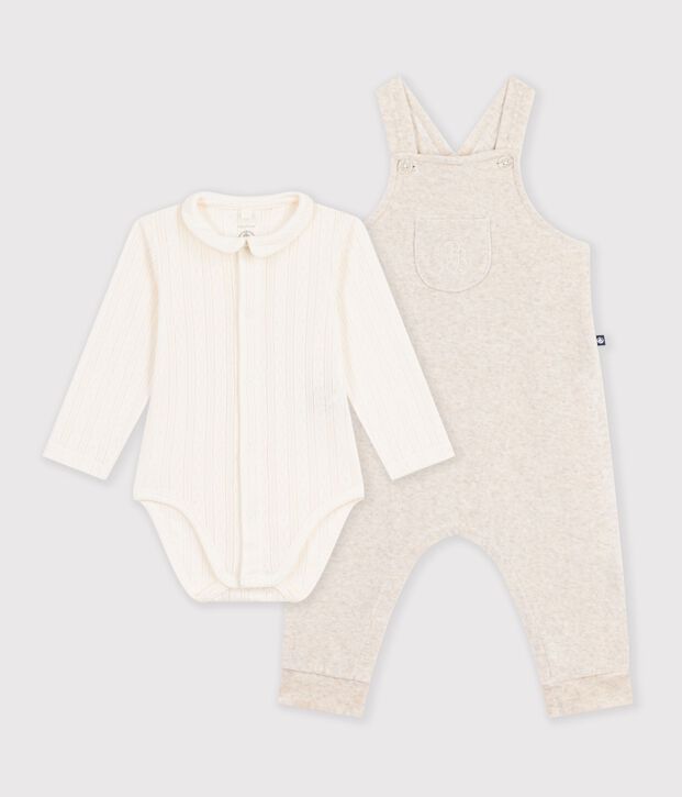 Ensemble salopette et body b&eacute;b&eacute; en coton avec col uni &eacute;cru/&eacute;cru