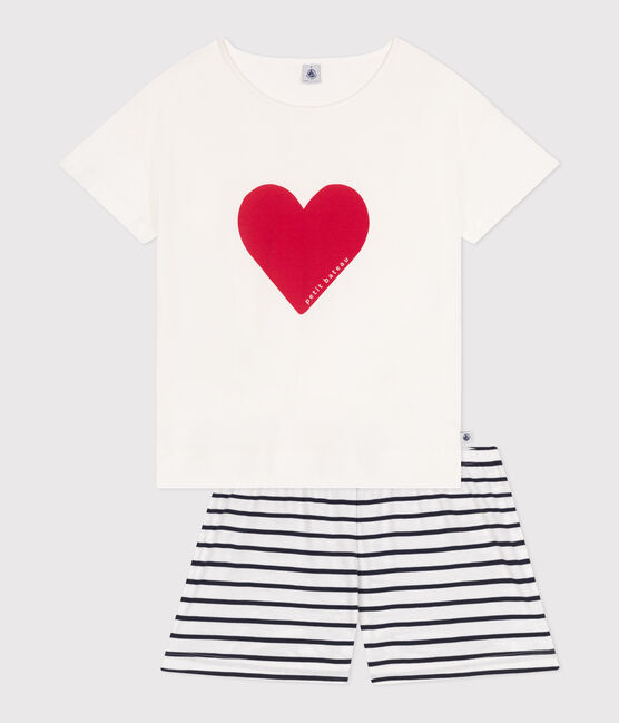 Pyjama short femme en coton imprimé cœurs blanc MARSHMALLOW/bleu SMOKING