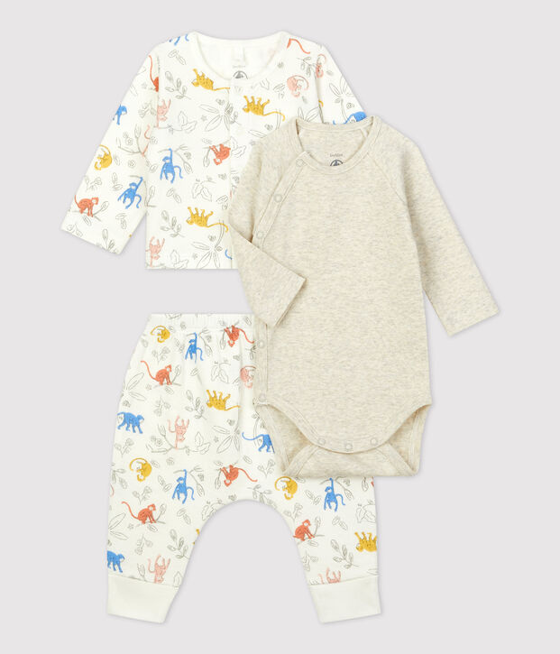 Ensemble 3 pi&egrave;ces imprim&eacute; singes en tubique bio b&eacute;b&eacute; blanc/multicouleur