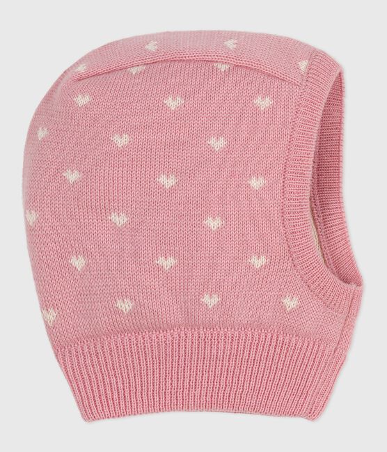 Babybivakmutsje in wol en katoen met hartjesprint roze CHARME/wit MARSHMALLOW