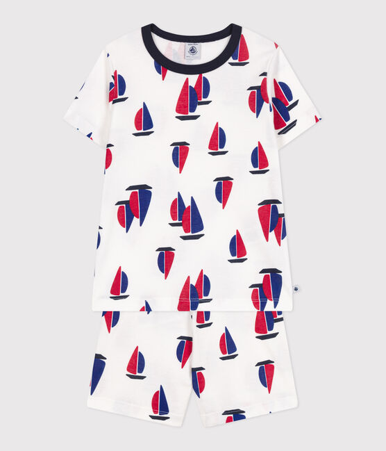 Pyjama short enfant en coton imprmé bateaux blanc MARSHMALLOW/blanc MULTICO